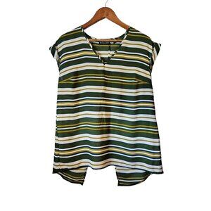 Women's Green Striped V Neck Short Sleeve Top Split Back Size M Casual Loose Fit